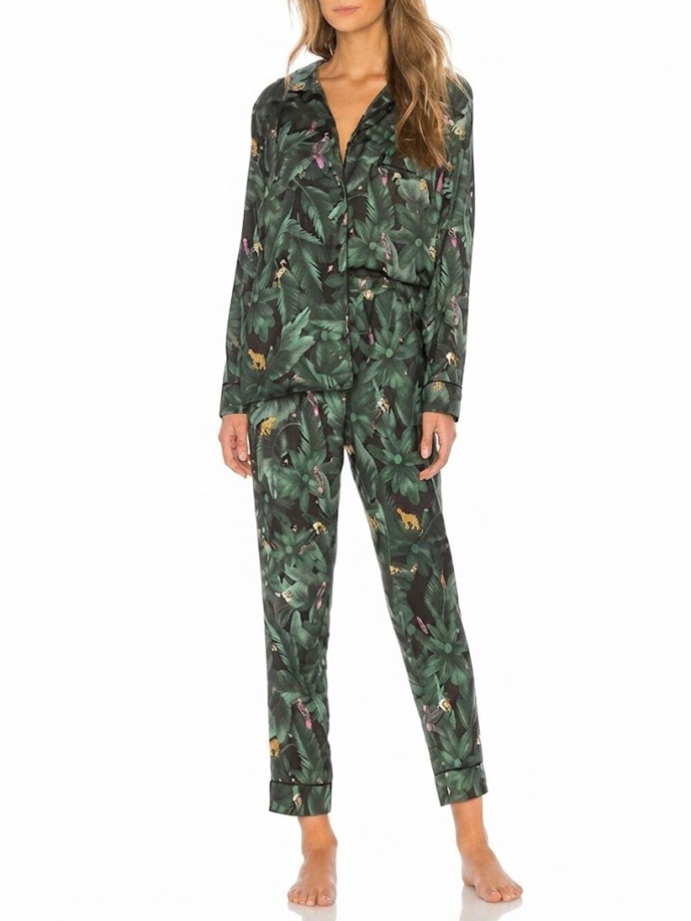 Revolve Plush Apparel Silky Pajama Set Top Pants Jungle Print Emerald Green S